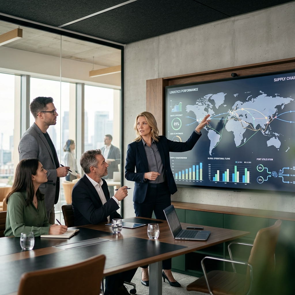Professionals discussing industry operations and dashboards